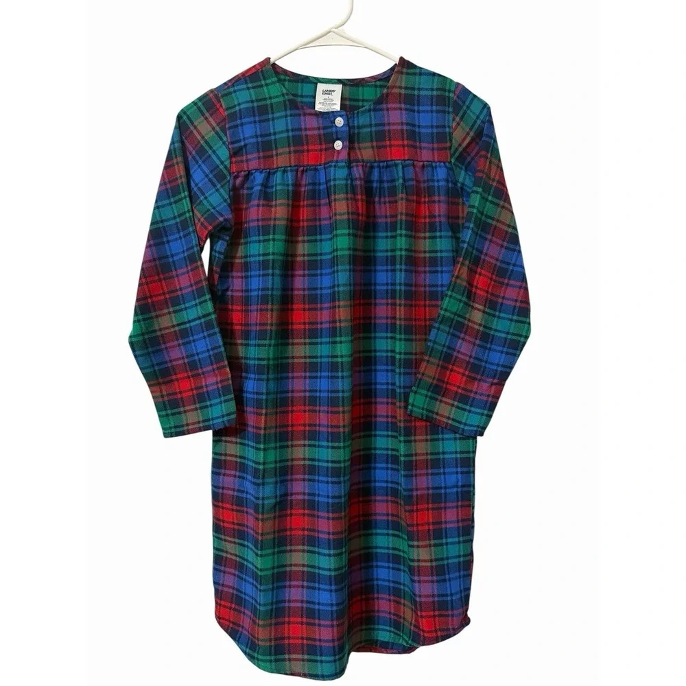 Lands End Plaid Flannel Nightgown Girls Size 8 Blue Green Tartan Holiday Classic